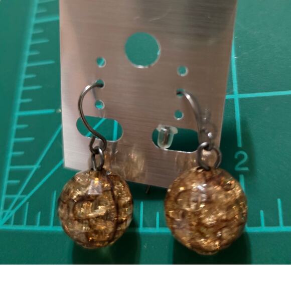 Pierced Earrings Vintage Artisan Crackled Glass Beads Gunmetal Tone SKU2398 - Picture 2 of 5